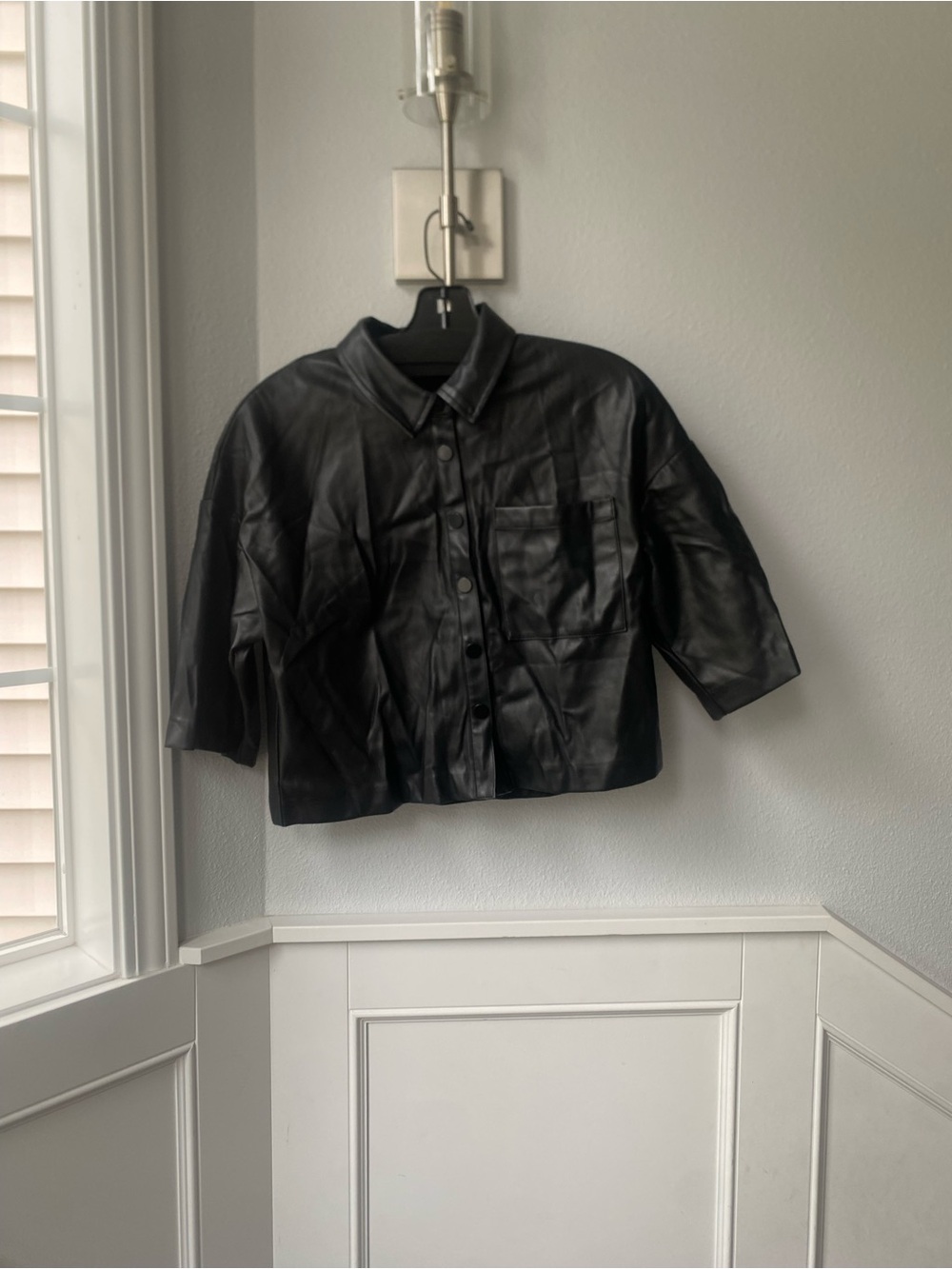 Mango Black Faux Leather Button-Up Cropped Blouse